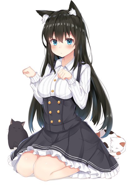 Anime picture 800x1131 with original coffeedog single long hair tall image looking at viewer fringe breasts blue eyes simple background hair between eyes brown hair white background sitting animal ears long sleeves girl dress animal frills