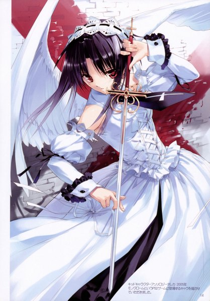 Anime picture 4226x6059 with monochrome (game) hinamina (monochrome) ueda ryou single long hair tall image highres open mouth black hair red eyes looking away absurdres angel wings angel girl dress hair ornament bow weapon detached sleeves
