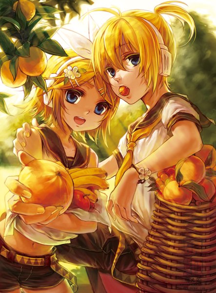 Anime picture 1000x1354 with vocaloid kagamine rin kagamine len silverwing long hair tall image looking at viewer fringe short hair open mouth blue eyes nail polish hair flower fingernails sunlight mouth hold yellow nail polish girl boy hair ornament