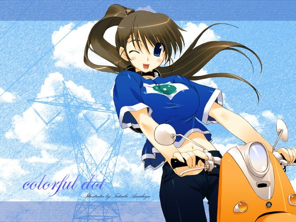 Anime picture 1280x960 with colorful dot amazuyu tatsuki long hair blue eyes brown hair ponytail one eye closed wink midriff wallpaper vespa