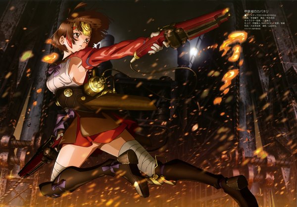 Anime picture 4086x2851 with koutetsujou no kabaneri megami magazine wit studio mumei (kabaneri) single highres brown hair brown eyes looking away absurdres official art girl hair ornament weapon boots gun bandage (bandages)