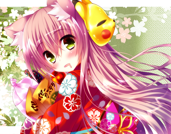 Anime picture 1277x1000 with original ojitcha single long hair blush green eyes animal ears pink hair traditional clothes parted lips japanese clothes looking back cat ears mask on head girl food sweets mask yukata chocolate banana