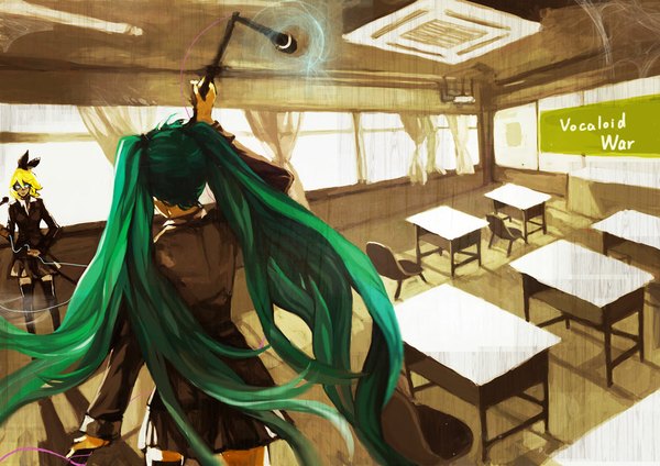 Anime picture 1052x744 with vocaloid hatsune miku kagamine rin long hair short hair blue eyes blonde hair twintails multiple girls green hair from behind inscription classroom girl uniform 2 girls school uniform window table microphone stand