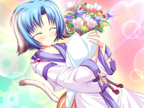 Anime picture 1600x1200 with inakoi haruhi sarasa tenmaso blush highres short hair smile animal ears blue hair game cg tail eyes closed ^ ^ flower (flowers) bouquet