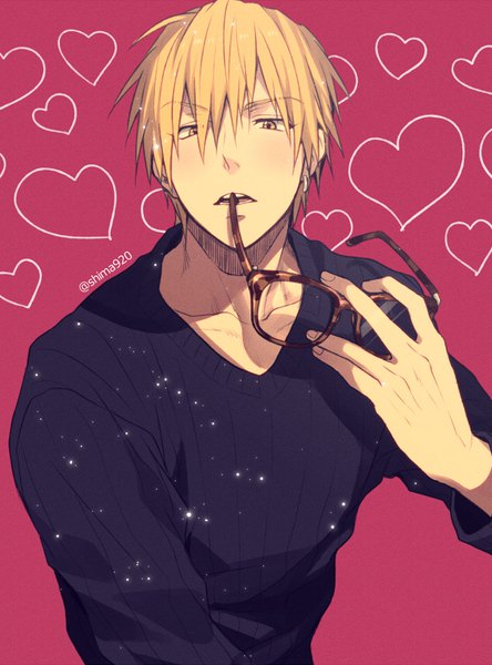 Anime picture 600x809 with kuroko no basket production i.g kise ryouta mashima shima single tall image looking at viewer fringe short hair blonde hair hair between eyes holding signed yellow eyes upper body piercing mouth hold ear piercing pink background eyewear removed