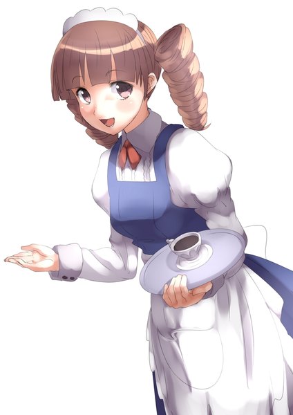 Anime picture 700x990 with power pro kun pocket natsume jun touboku single tall image looking at viewer blush short hair open mouth simple background smile brown hair white background brown eyes :d drill hair waitress girl apron cup