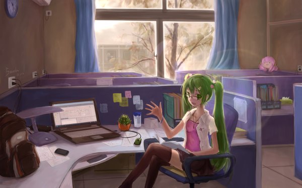 Anime picture 1280x800 with vocaloid hatsune miku megurine luka takoluka d.b.spark single long hair open mouth wide image sitting twintails green eyes green hair girl thighhighs skirt glasses bracelet chair clock