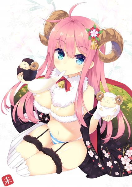Anime picture 1000x1408 with original nibiiro shizuka single long hair tall image blush breasts blue eyes light erotic holding pink hair ahoge horn (horns) mouth hold girl thighhighs underwear panties striped thighhighs striped panties