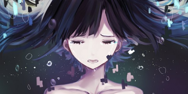 Anime picture 1000x500 with kagerou project shaft (studio) enomoto takane renee single long hair fringe black hair wide image twintails eyes closed tears crying girl teardrop