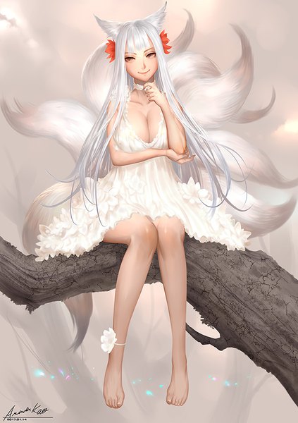 Anime picture 635x900 with original ariver kao single long hair tall image breasts light erotic smile sitting brown eyes signed animal ears full body white hair tail animal tail barefoot bare legs fox ears fox tail