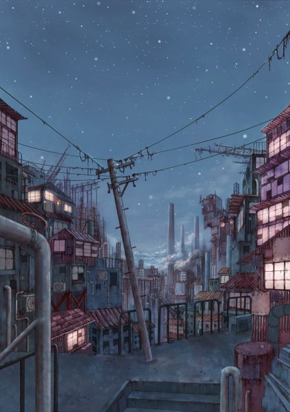 Anime picture 1748x2480 with original cola (pixiv) tall image highres night night sky city smoke cityscape window building (buildings) star (stars) wire (wires) smoke stack