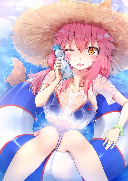 Anime picture 2894x4093 with fate (series) fate/grand order fate/extra tamamo (fate) (all) tamamo no mae (swimsuit lancer) (fate) minikon single long hair tall image looking at viewer blush fringe highres breasts open mouth light erotic hair between eyes large breasts holding animal ears