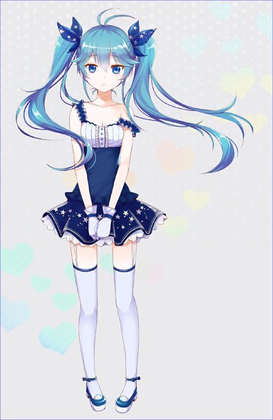 Anime picture 700x1075 with vocaloid hatsune miku single tall image looking at viewer fringe breasts blue eyes standing twintails aqua hair off shoulder alternate costume legs girl thighhighs dress gloves hair ornament shoes