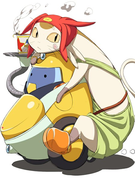 Anime picture 600x800 with space dandy studio bones meow (space dandy) qt (space dandy) chikuishi (artist) tall image simple background white background looking away no people steam animal cat cap robot cup ramen