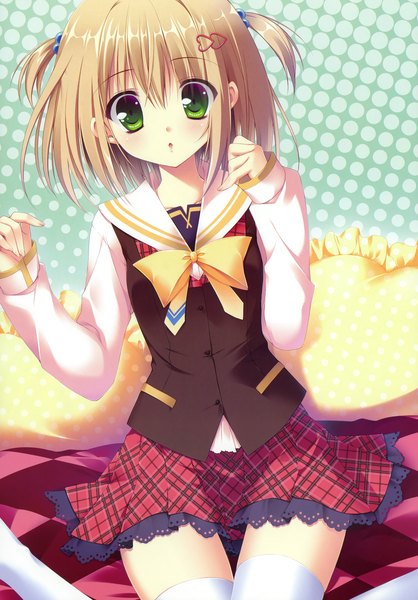 Anime picture 3489x5011 with sugirly wish shirosaki hina sakura hanpen single tall image highres short hair open mouth blonde hair brown hair green eyes absurdres two side up polka dot polka dot background girl thighhighs skirt uniform hair ornament