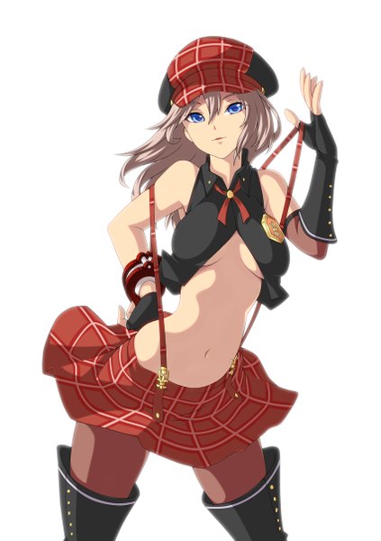 Anime picture 851x1206 with god eater god eater burst ufotable alisa ilinichina amiella yin-ting tian single tall image looking at viewer short hair blue eyes light erotic simple background blonde hair white background midriff girl skirt navel fingerless gloves thigh boots