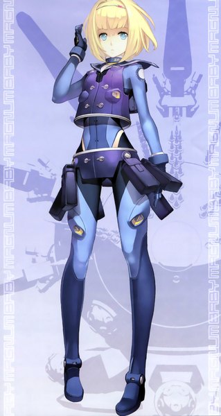 Anime picture 1200x2256 with heavy object j.c. staff milinda brantini nagi ryou single tall image looking at viewer fringe short hair breasts blue eyes blonde hair standing arm up midriff adjusting hair girl uniform hair ornament boots