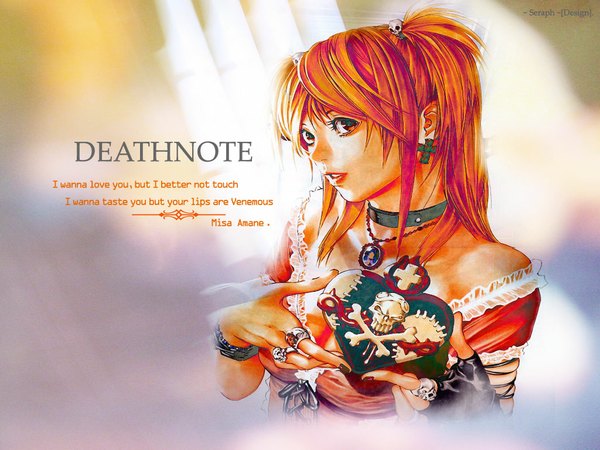 Anime picture 1024x768 with death note madhouse amane misa obata takeshi single long hair looking at viewer fringe breasts hair between eyes large breasts holding brown eyes signed payot cleavage upper body parted lips head tilt orange hair