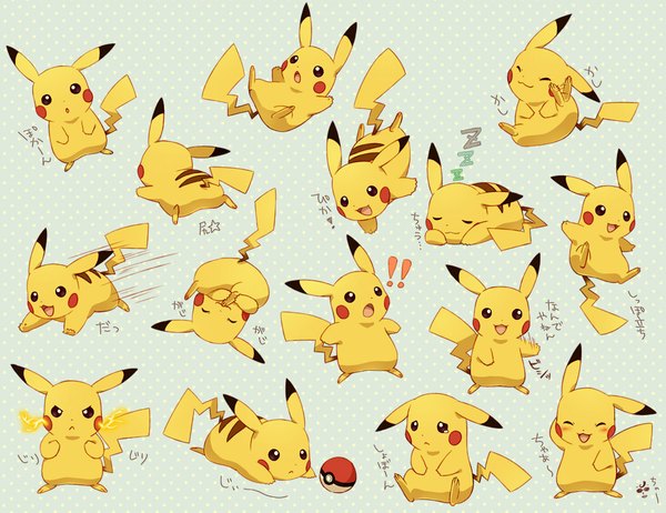 Anime picture 1050x809 with pokemon nintendo pikachu bae edges blush open mouth eyes closed from behind group sleeping polka dot multiple persona gen 1 pokemon pokemon (creature) pokeball