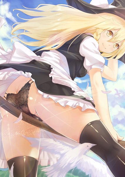 Anime picture 904x1280 with touhou kirisame marisa shoutai (7490773) single long hair tall image looking at viewer blush light erotic blonde hair yellow eyes sky cloud (clouds) ass braid (braids) looking back short sleeves puffy sleeves single braid looking down