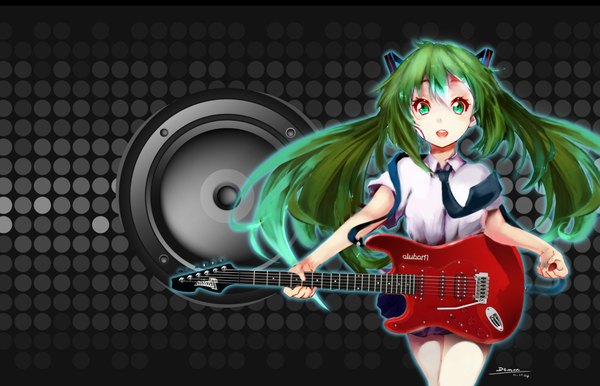 Anime picture 3850x2480 with vocaloid hatsune miku demon (artist) single long hair blush highres open mouth twintails green eyes signed absurdres green hair girl miniskirt shirt necktie musical instrument guitar plectrum