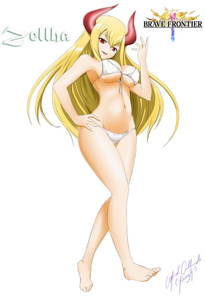 Anime picture 900x1300 with brave frontier (game) zellha kimmy77 single long hair tall image blush breasts light erotic simple background blonde hair smile red eyes large breasts white background parted lips barefoot horn (horns) inscription hand on hip