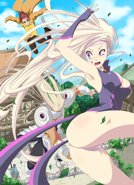 Anime picture 1814x2500 with tirnanogindustries (artist) tall image blush highres open mouth light erotic blonde hair brown hair purple eyes multiple girls sky cloud (clouds) ass very long hair multiple boys armpit (armpits) cameltoe girl boy gloves