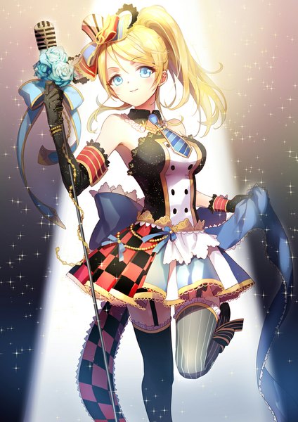 Anime picture 793x1121 with love live! school idol project sunrise (studio) love live! ayase eli spoon 1122 single long hair tall image blonde hair side ponytail different thighhighs girl thighhighs dress gloves flower (flowers) bow black thighhighs hair bow black gloves