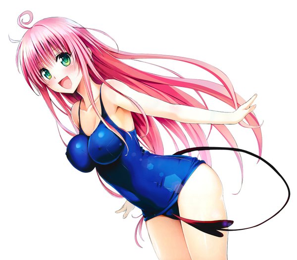 Anime picture 1600x1400 with toloveru toloveru darkness xebec lala satalin deviluke ulquiorra90 single long hair blush breasts open mouth light erotic simple background large breasts white background green eyes looking away pink hair ahoge tail erect nipples