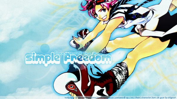 Anime picture 1280x720 with air gear toei animation noyamano mikan oogure ito single short hair blue eyes smile wide image pink hair sky legs girl sunglasses roller skates
