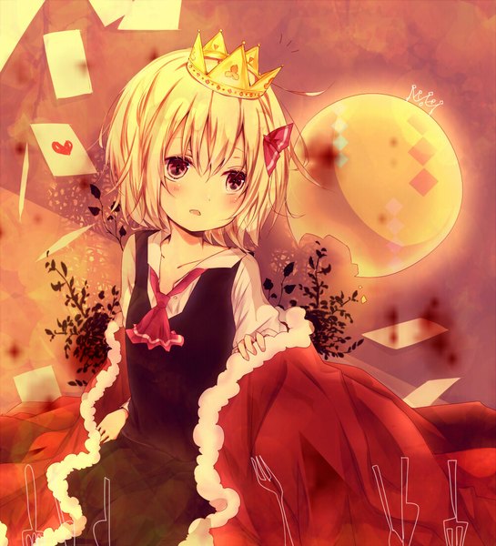 Anime picture 1000x1100 with touhou rumia misa (kaeruhitode) single tall image blush short hair open mouth blonde hair red eyes looking away girl moon crown card (cards)
