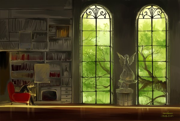 Anime picture 1332x900 with original ocean (pixiv) sitting indoors boy window book (books) suit room statue library