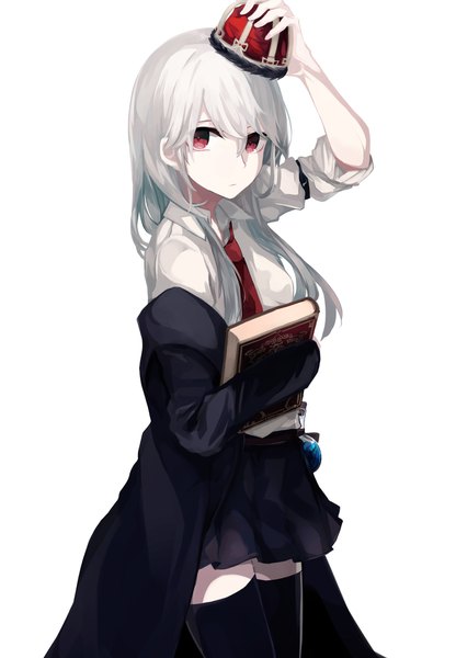 Anime picture 1388x2000 with original roa (ogami ren) ogami ren single long hair tall image looking at viewer fringe simple background red eyes white background white hair long sleeves pleated skirt arm up off shoulder zettai ryouiki serious white skin girl