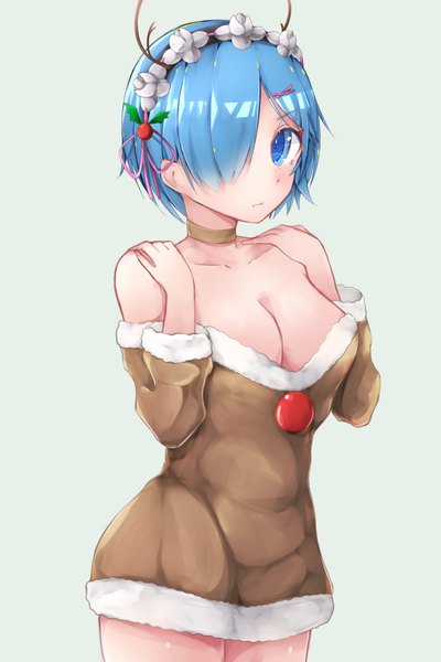 Anime picture 1000x1500 with re:zero kara hajimeru isekai seikatsu white fox rem (re:zero) amepon single tall image looking at viewer fringe short hair breasts blue eyes light erotic simple background large breasts bare shoulders blue hair hair over one eye maid alternate costume christmas