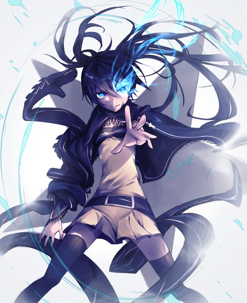 Anime picture 2795x3432 with black rock shooter black rock shooter (character) takka (aegis9294) single long hair tall image looking at viewer highres blue eyes black hair twintails wind outstretched arm glowing glowing eye (eyes) girl thighhighs dress black thighhighs animal
