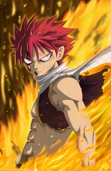 Anime picture 1216x1876 with fairy tail natsu dragneel naruto999-by-roker single tall image short hair yellow eyes pink hair sleeveless coloring torn clothes magic scar muscle angry boy belt scarf blood fire