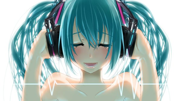 Anime picture 1280x720 with vocaloid hatsune miku long hair blush open mouth wide image white background bare shoulders blue hair eyes closed nude shadow tears light reflection girl headphones