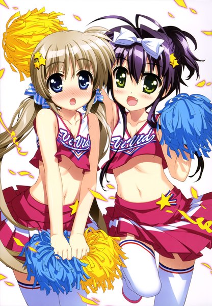 Anime picture 2844x4100 with mahou shoujo lyrical nanoha fujima takuya long hair tall image looking at viewer blush highres open mouth blue eyes blonde hair white background multiple girls green eyes purple hair scan loli cheerleader girl thighhighs navel