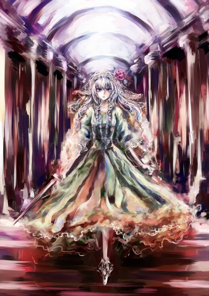 Anime picture 1446x2046 with original ayaya (artist) single long hair tall image blue eyes silver hair girl dress sword rose (roses)