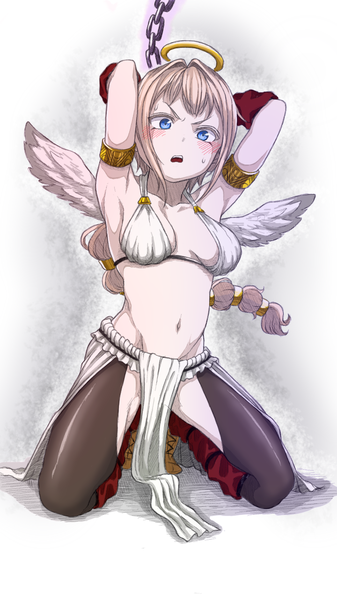 Anime picture 720x1280 with lolboja single long hair tall image looking at viewer blush fringe open mouth blue eyes light erotic blonde hair full body bare belly shadow armpit (armpits) sweat spread legs kneeling arm behind head sweatdrop
