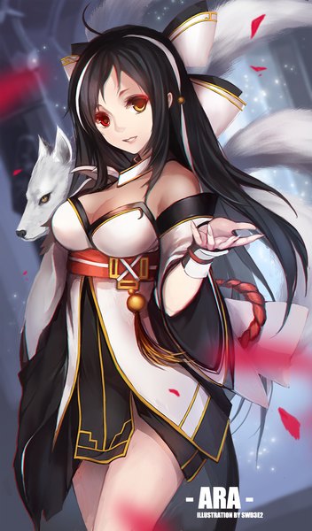 Anime picture 700x1193 with elsword ara haan asura (elsword) swd3e2 single long hair tall image looking at viewer black hair bare shoulders cleavage heterochromia girl dress bow hair bow