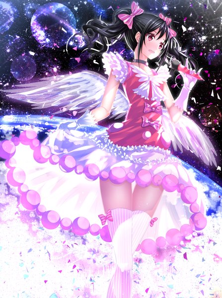 Anime picture 1018x1366 with love live! school idol project sunrise (studio) love live! yazawa nico swordsouls single long hair tall image blush open mouth black hair twintails looking away pink eyes wavy hair mmm girl thighhighs dress gloves