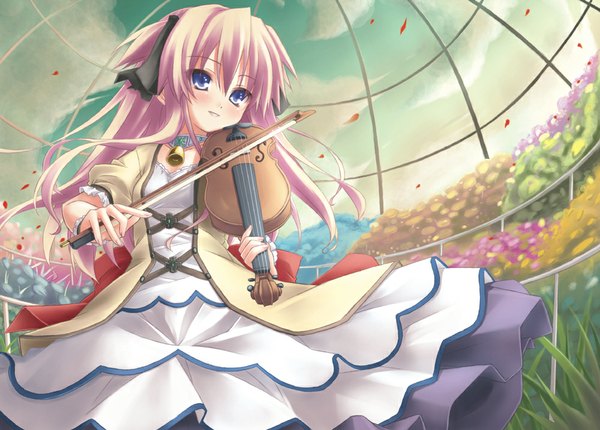 Anime picture 1000x717 with original ryo (botugo) single long hair blush blue eyes blonde hair smile girl dress flower (flowers) ribbon (ribbons) hair ribbon violin