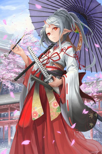 Anime picture 667x1000 with original akira0171 single long hair tall image looking at viewer red eyes standing holding sky cloud (clouds) ponytail long sleeves traditional clothes japanese clothes horn (horns) pointy ears grey hair wide sleeves cherry blossoms