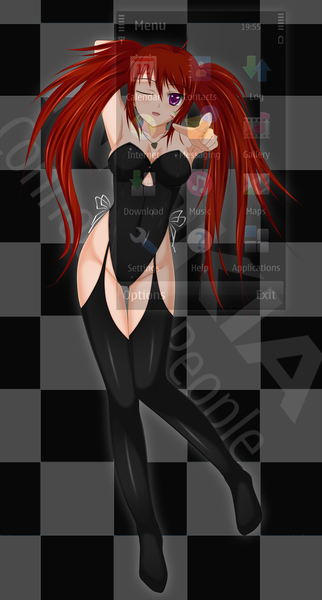 Anime picture 1600x2980 with midnight (artist) single long hair tall image twintails purple eyes red hair one eye closed wink pointing checkered background girl thighhighs black thighhighs