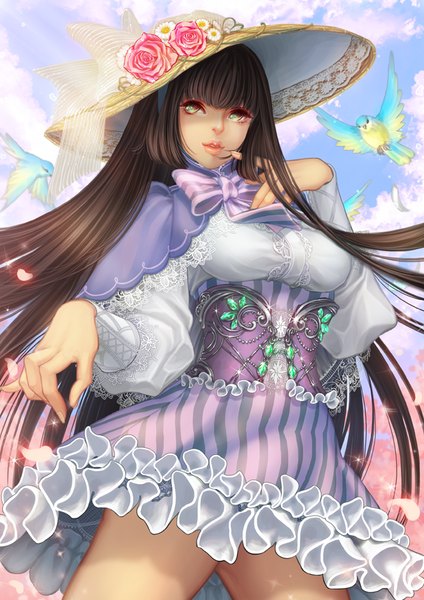 Anime picture 608x860 with original shallua single long hair tall image fringe breasts black hair standing green eyes looking away sky cloud (clouds) finger to mouth girl dress bow hat animal bird (birds)