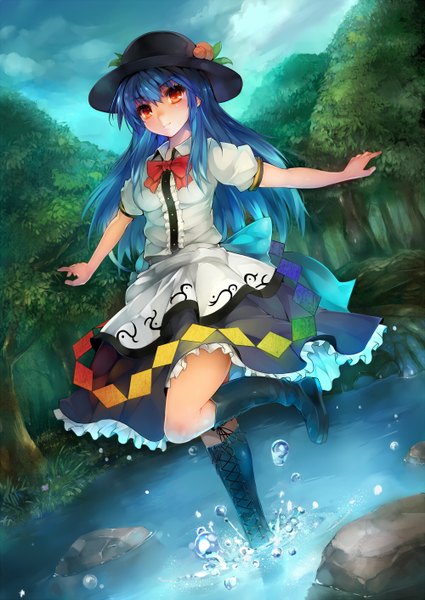 Anime picture 1000x1412 with touhou hinanawi tenshi luco san single long hair tall image looking at viewer red eyes blue hair sky cloud (clouds) girl dress plant (plants) hat tree (trees) water boots