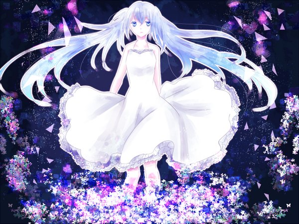 Anime picture 1500x1125 with vocaloid hatsune miku single long hair fringe standing twintails silver hair aqua eyes alternate costume alternate color girl flower (flowers)