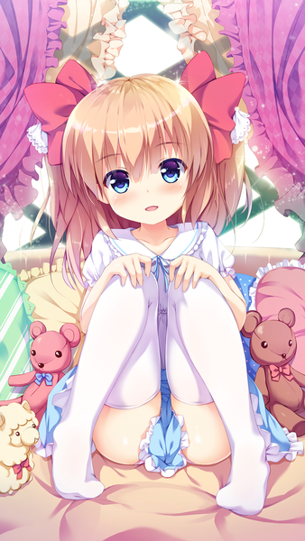 Anime picture 911x1616 with girlfriend (kari) yuuki nae kusunoki (escude) single long hair tall image blush open mouth blue eyes light erotic blonde hair girl thighhighs dress bow hair bow white thighhighs pillow toy stuffed animal