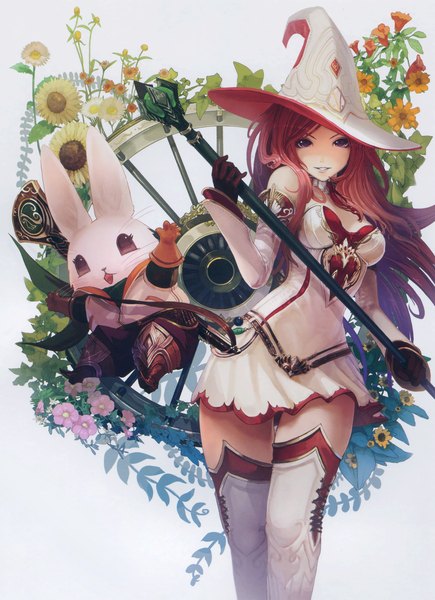 Anime picture 3401x4692 with sword world tachikawa mushimaro (bimo) long hair tall image looking at viewer highres purple eyes absurdres red hair scan fantasy witch girl dress gloves flower (flowers) plant (plants) hat detached sleeves animal
